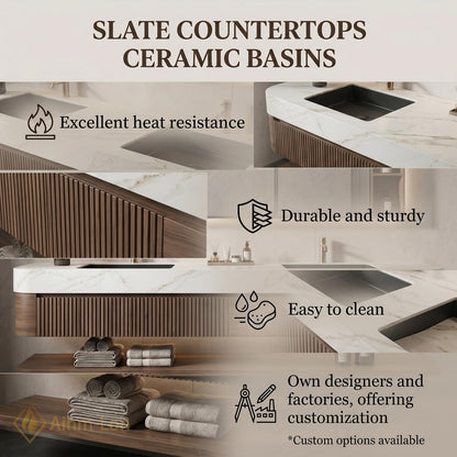 60''-96'' Double Bathroom Vanity with Sink Modern Floating Dark Walnut Fluted Panels