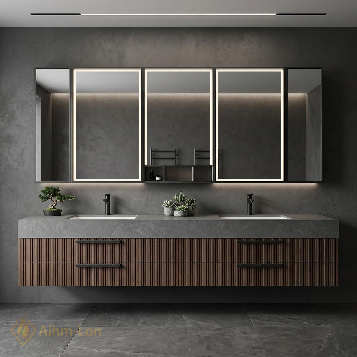 60''-96'' Double Bathroom Vanity with Sink Modern Floating Grey Stone Slatted Drawer