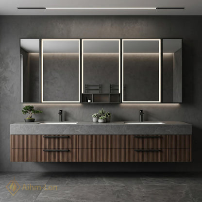 60''-96'' Double Bathroom Vanity with Sink Modern Floating Grey Stone Slatted Drawer