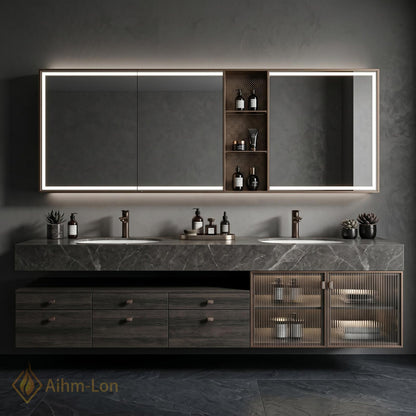 70''-96'' Double Bathroom Vanity with Sink Modern Floating Dark Grey Marble Mirror