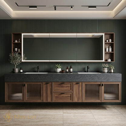 78''-96'' Double Bathroom Vanity with Sink Dark Stone Top Walnut Frame Stylish