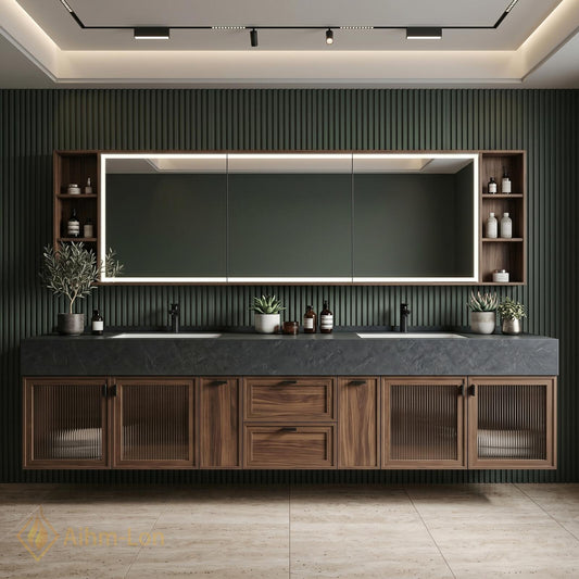 78''-96'' Double Bathroom Vanity with Sink Dark Stone Top Walnut Frame Stylish