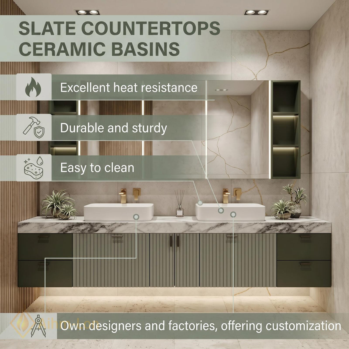 60''-96'' Double Bathroom Vanity with Sink Floating Green Fluted Panels Stone Countertop