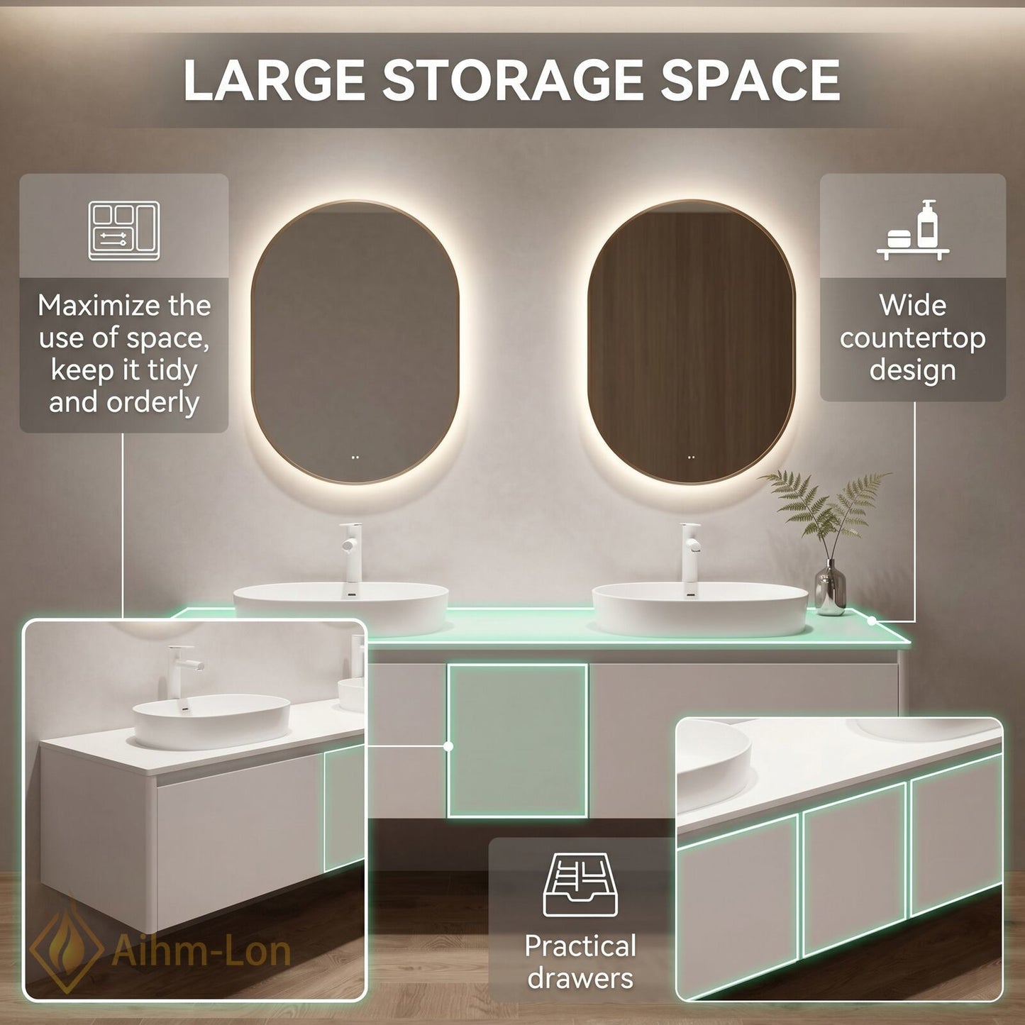 60''-96'' Modern Bathroom Vanity with Sink Double Sink Clean White Floating Counter Cabinet