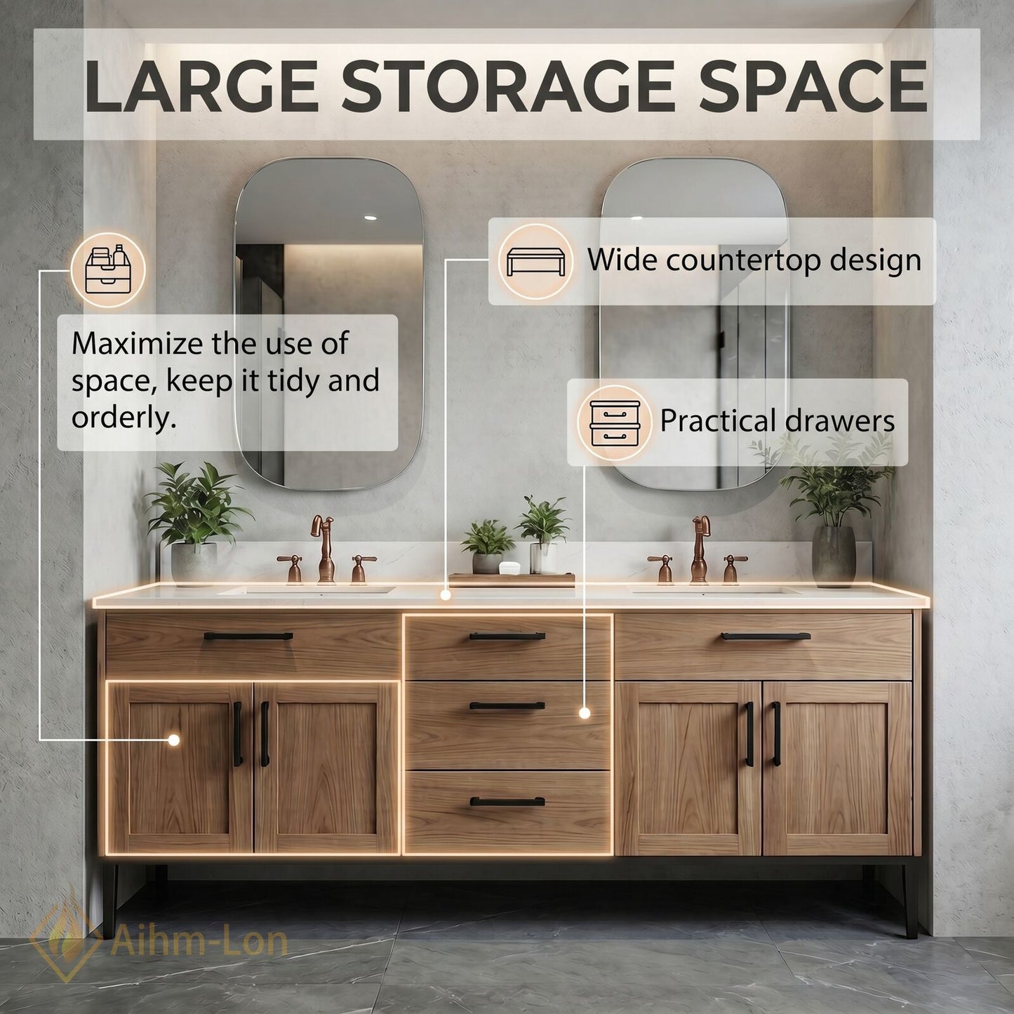 70''-96'' Modern Bathroom Vanity with Sink Floating Wood-Grain White Marble Black Handles