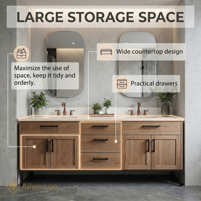 70''-96'' Modern Bathroom Vanity with Sink Floating Wood-Grain White Marble Black Handles