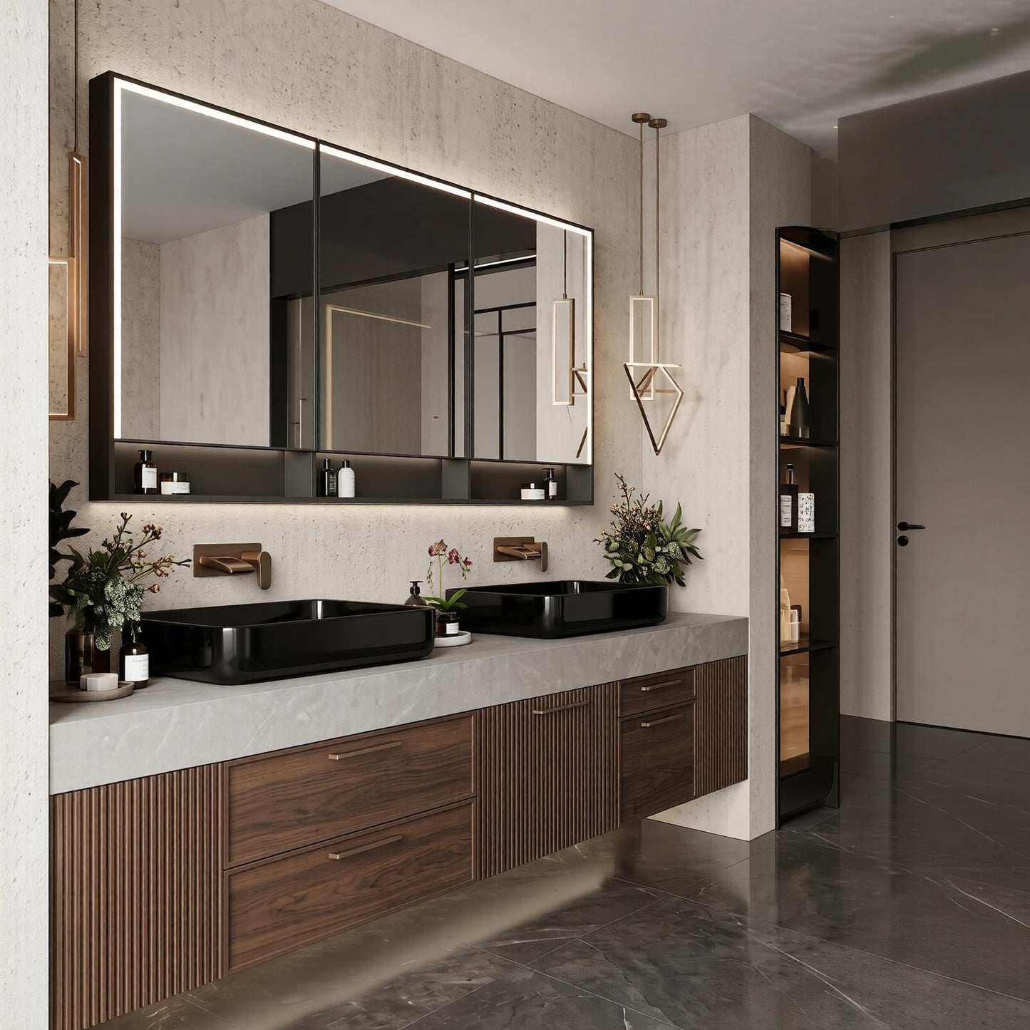 70''-96'' Modern Bathroom Vanity with Sink Double Sink Walnut Tone Fluted Panels Cabinet