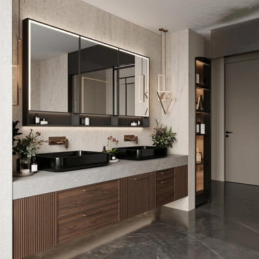 70''-96'' Modern Bathroom Vanity with Sink Double Sink Walnut Tone Fluted Panels Cabinet