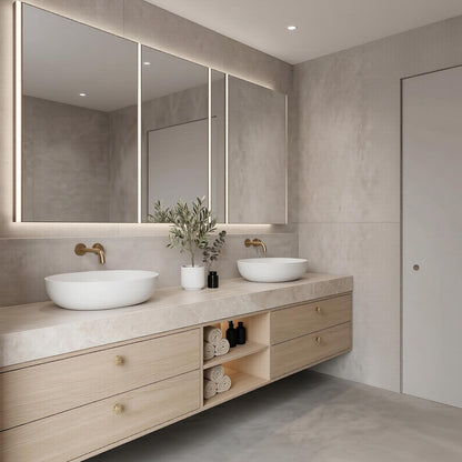 60''-96'' Floating Bathroom Vanity with Sink Double Sink Light Wood Open Shelving Drawers Mirror