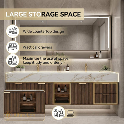72''-96'' Double Bathroom Vanity with Sink Dark-Walnut Floating Slatted-Panel Dark