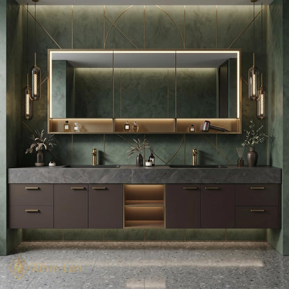 60''-96'' Double Bathroom Vanity with Sink Black Vessel Sinks Grey Veined Marble