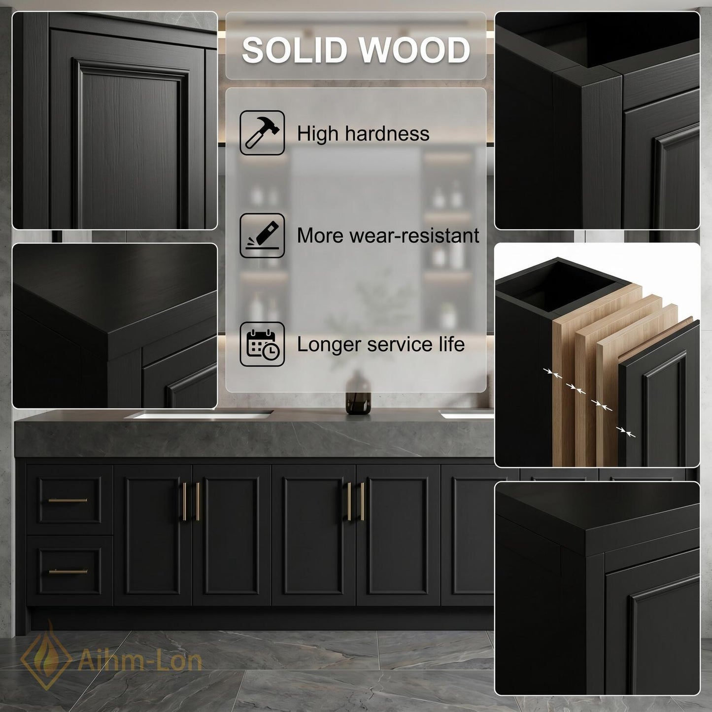 72''-96'' Double Bathroom Vanity with Sink Dark Charcoal Modern Panel Doors Mirror