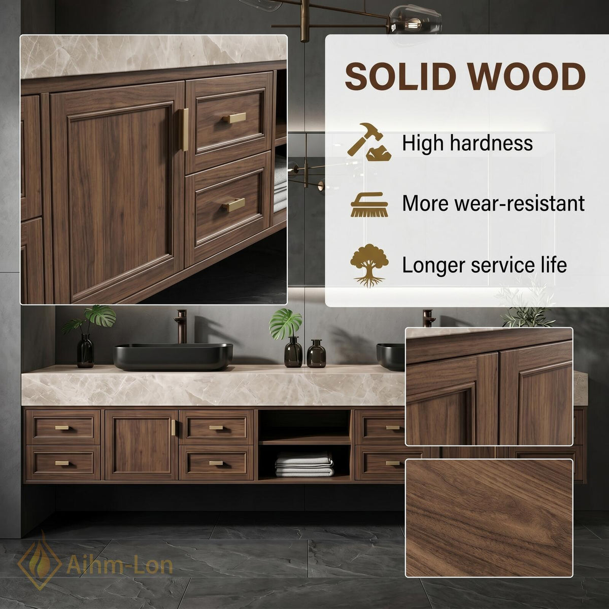 60''-96'' Double Bathroom Vanity with Sink Floating Light Marble Top Dark Wood