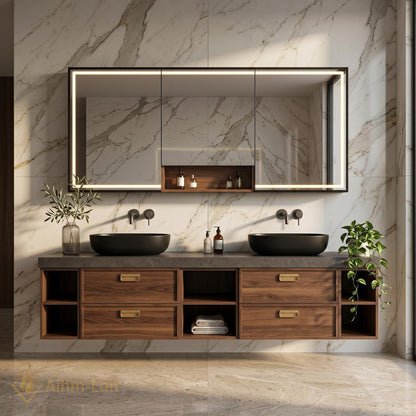 60''-96'' Double Bathroom Vanity with Sink Modern Floating Dark Walnut Open Shelving
