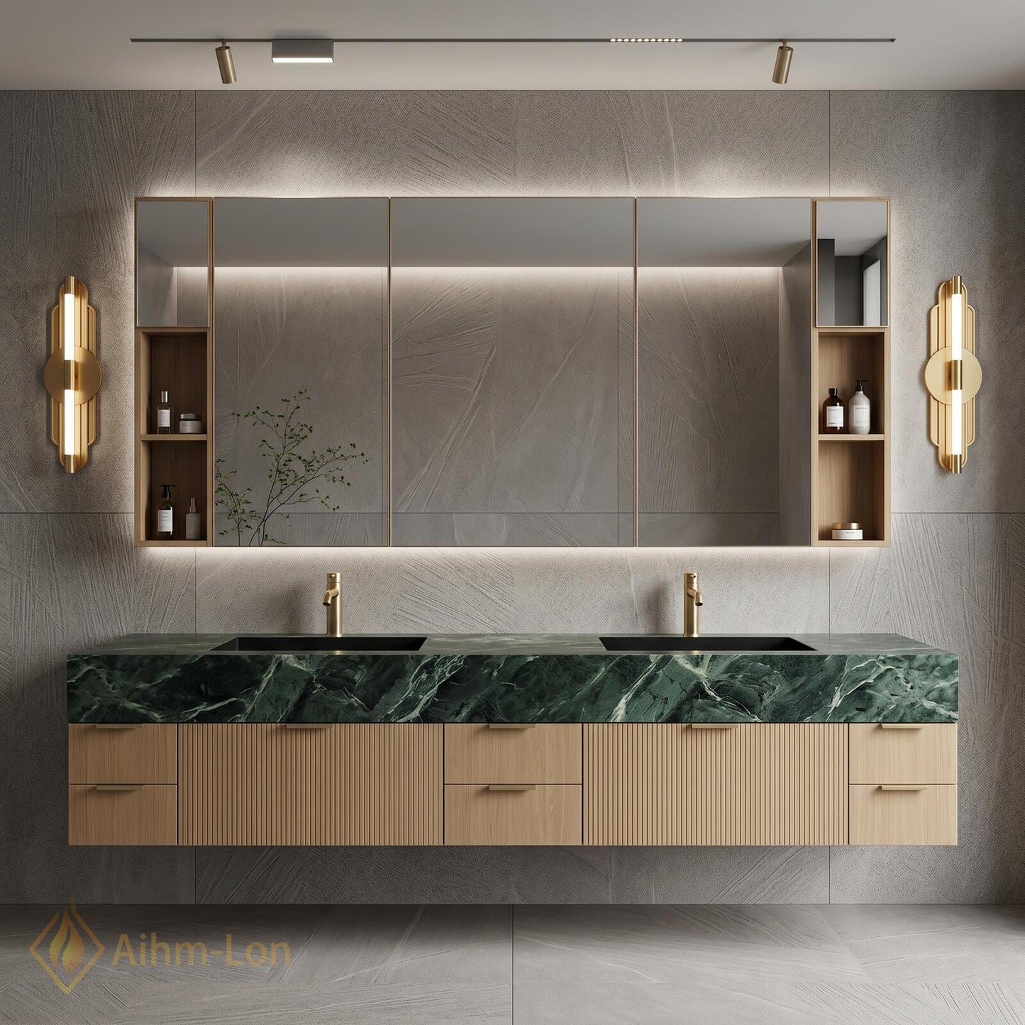 72''-96'' Double Bathroom Vanity with Sink Green Floating Marble-Top Slatted-Panels