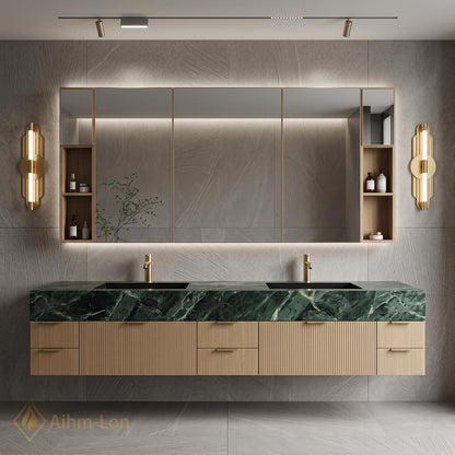 72''-96'' Double Bathroom Vanity with Sink Green Floating Marble-Top Slatted-Panels