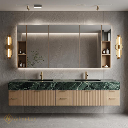 72''-96'' Double Bathroom Vanity with Sink Green Floating Marble-Top Slatted-Panels