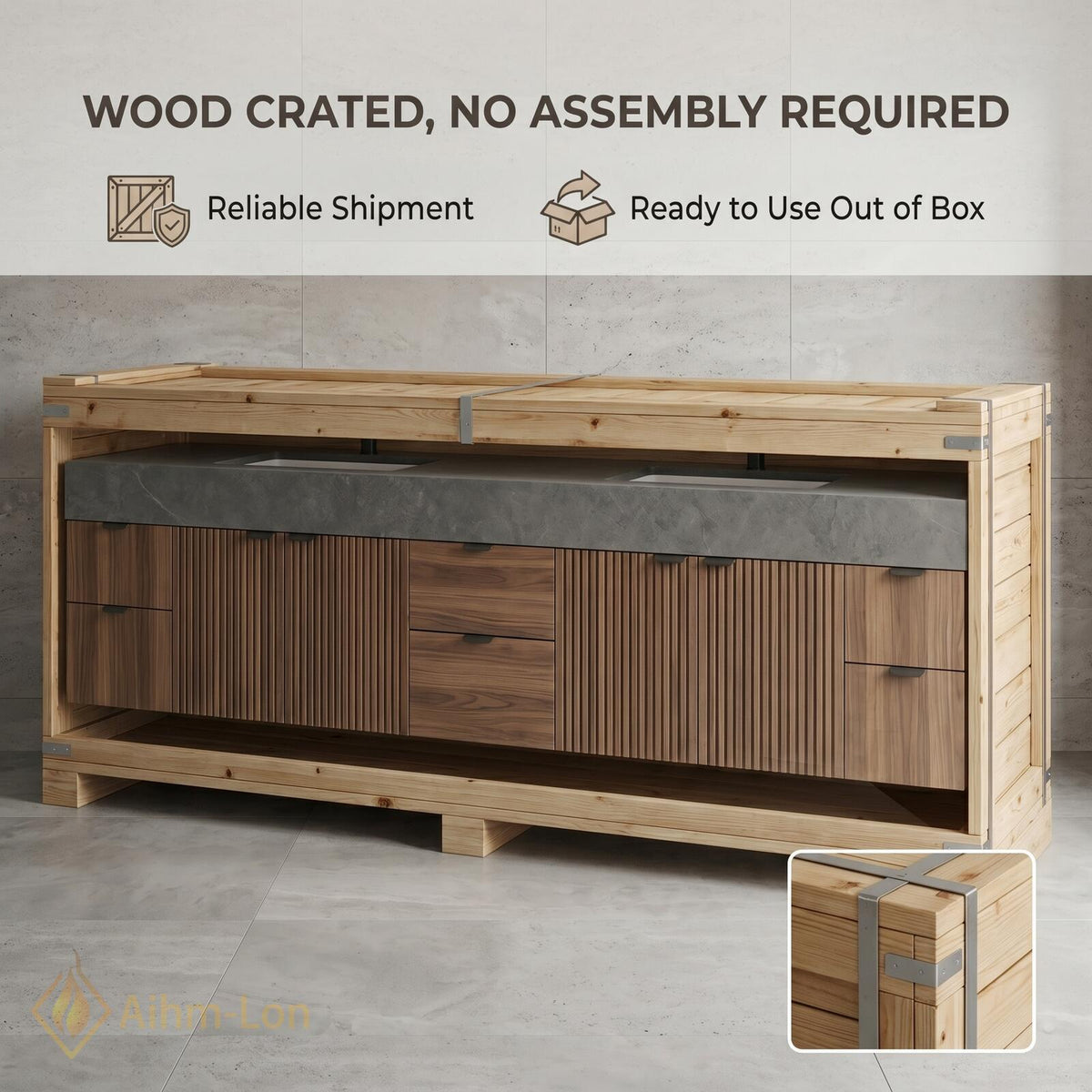60''-96'' Double Bathroom Vanity with Sink Modern Slatted Dark Walnut Floating Finish