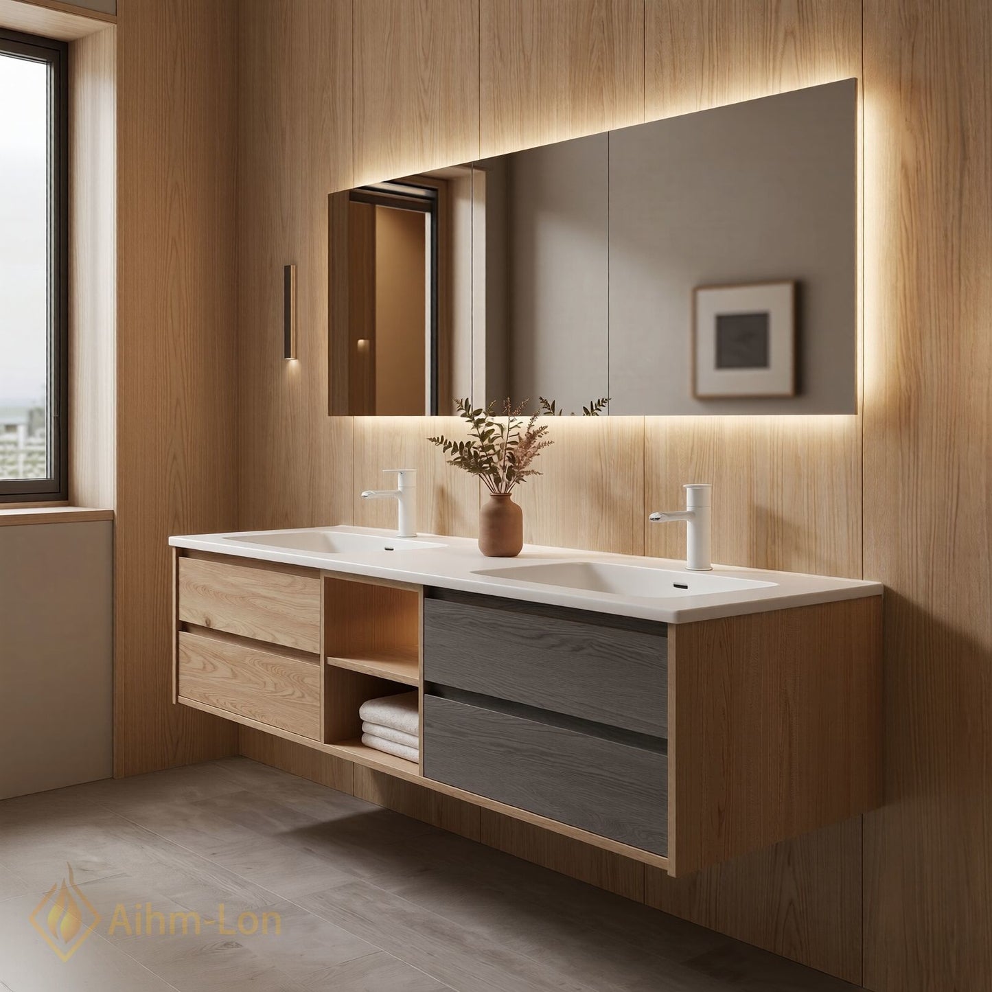 60''-96'' Floating Bathroom Vanity with Sink Wooden Drawer Dual-Tone Cabinet Mirror Storage