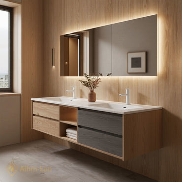 60''-96'' Floating Bathroom Vanity with Sink Wooden Drawer Dual-Tone Cabinet Mirror Storage