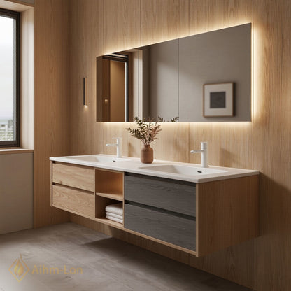 60''-96'' Floating Bathroom Vanity with Sink Wooden Drawer Dual-Tone Cabinet Mirror Storage