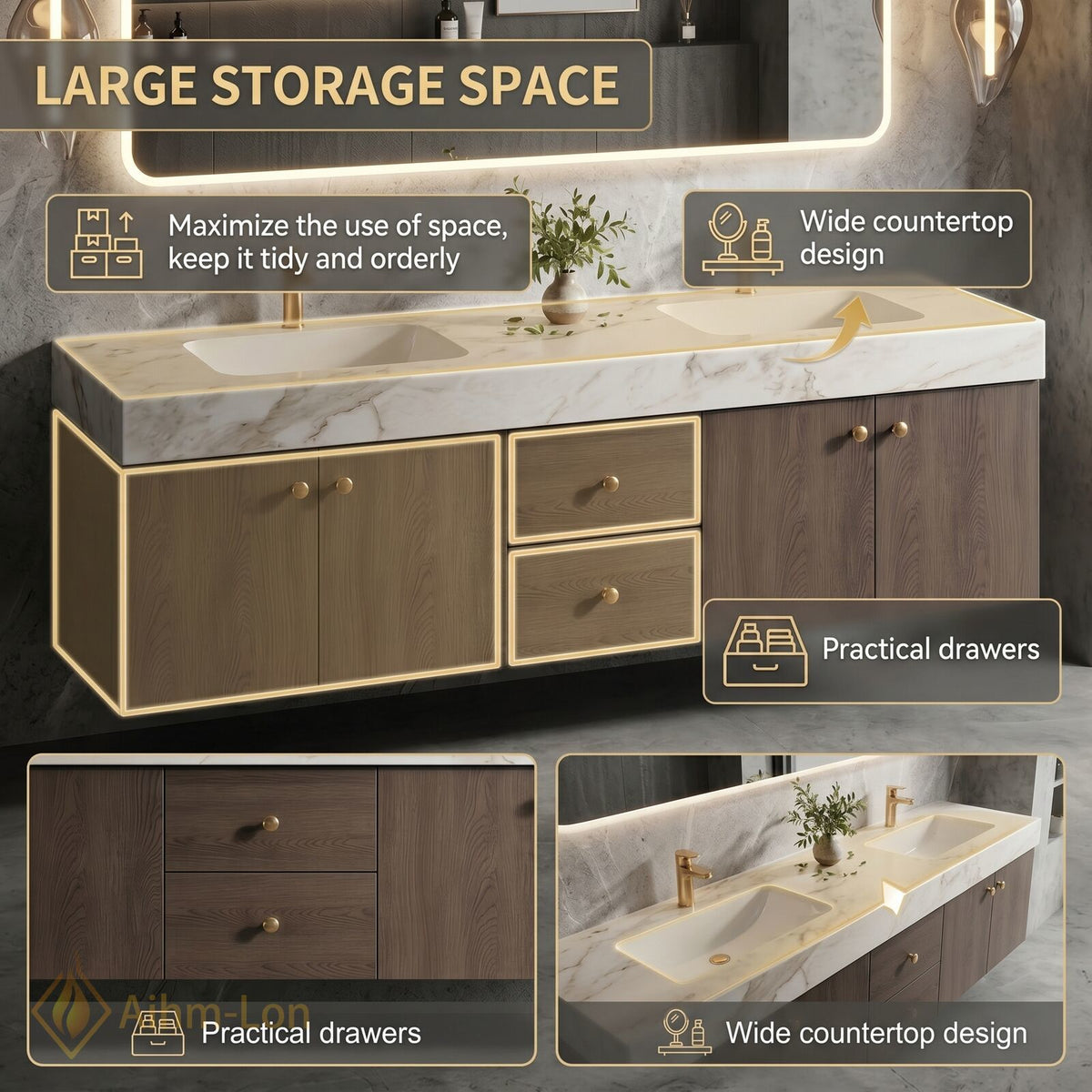 60''-96'' Double Bathroom Vanity with Sink Dark Wood Grain Dual Drawer Storage