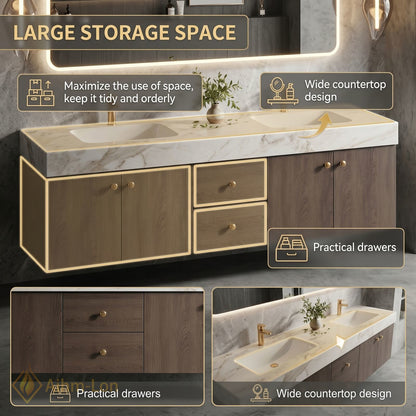 60''-96'' Double Bathroom Vanity with Sink Dark Wood Grain Dual Drawer Storage