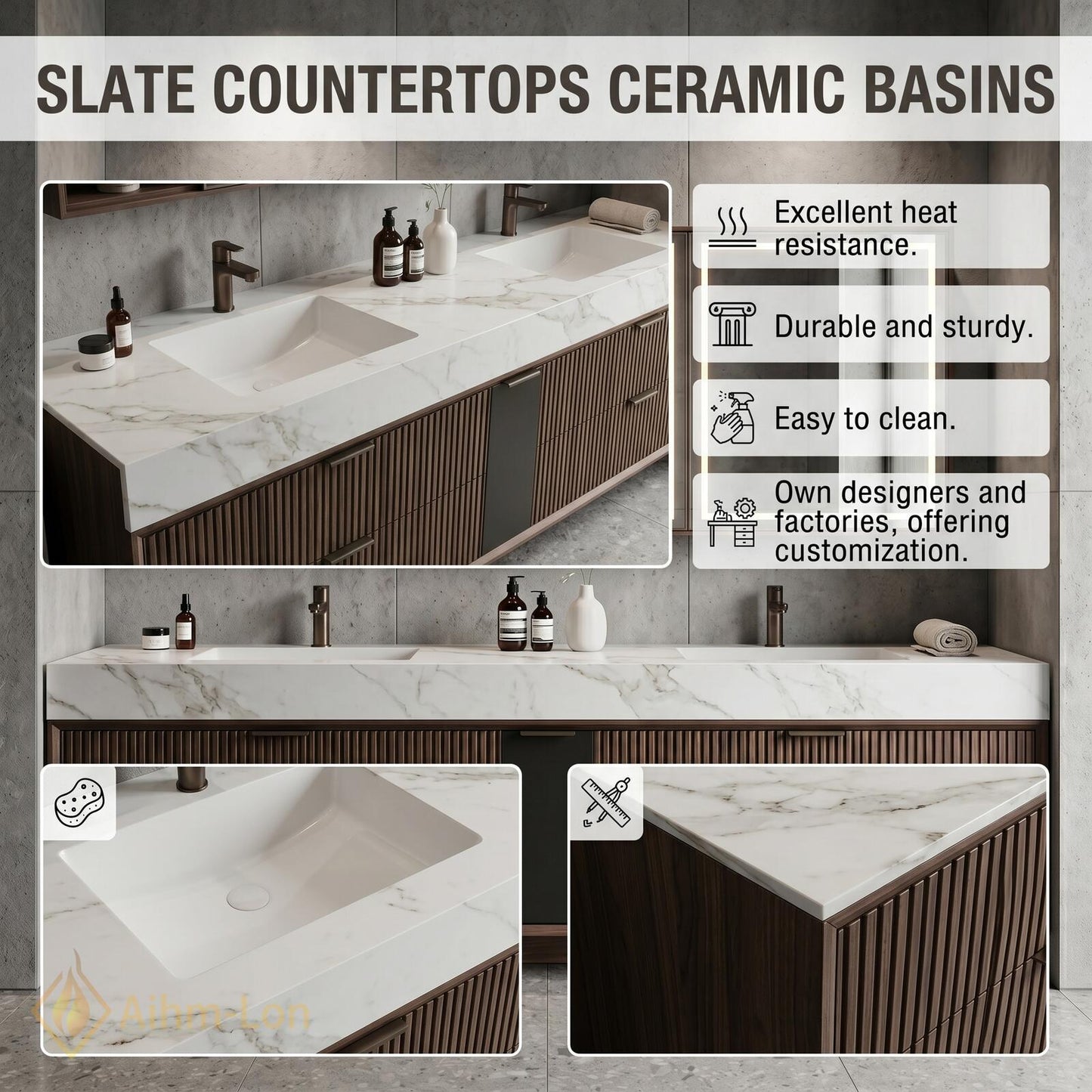 60''-96'' Double Bathroom Vanity with Sink Elegant Floating Dark Walnut Marble Surface