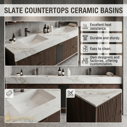 60''-96'' Double Bathroom Vanity with Sink Elegant Floating Dark Walnut Marble Surface