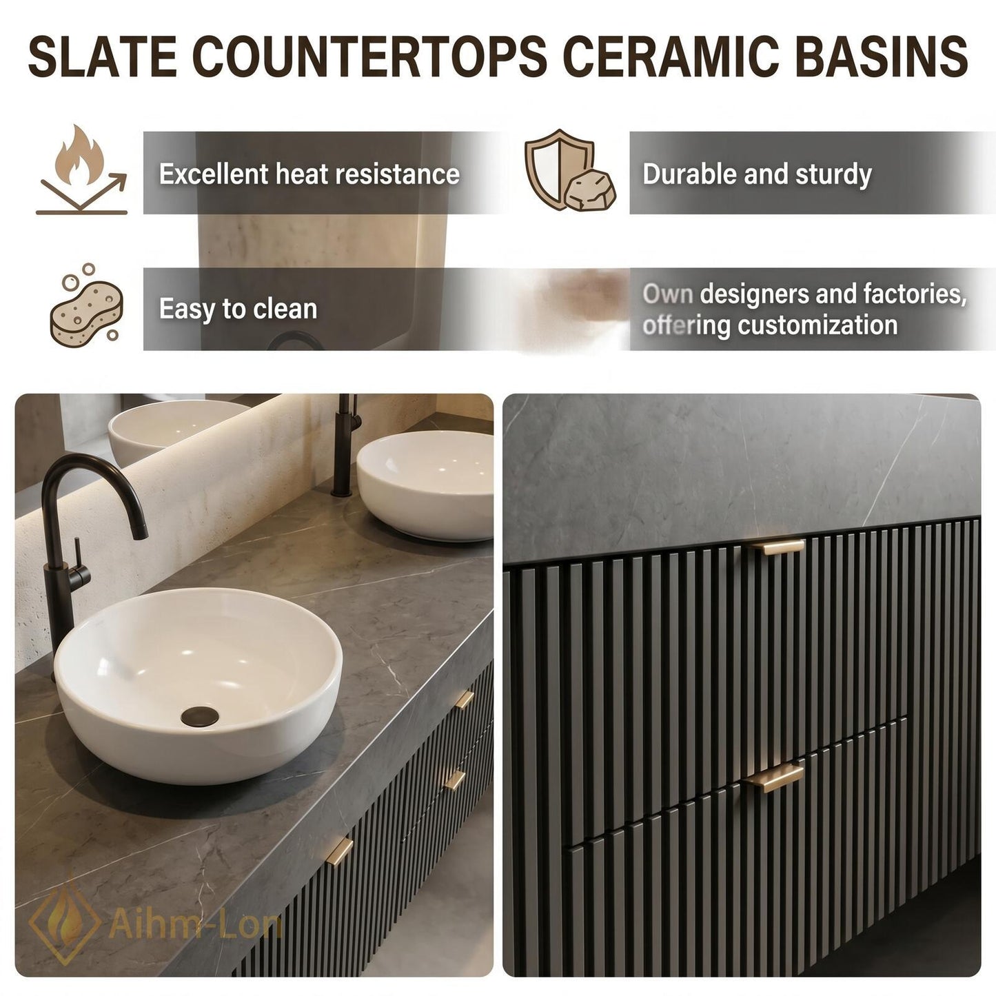 70''-96'' Double Bathroom Vanity with Sink Dark Modern Floating Slatted-Panels Stone