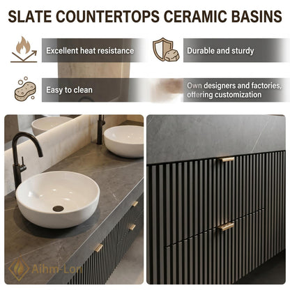 70''-96'' Double Bathroom Vanity with Sink Dark Modern Floating Slatted-Panels Stone