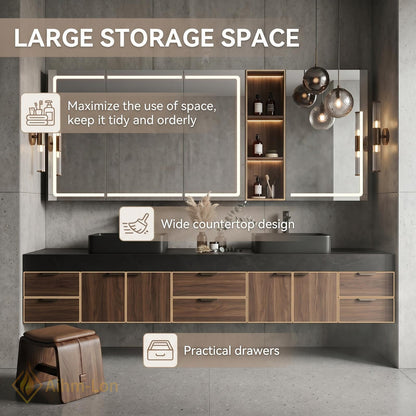 60''-96'' Double Bathroom Vanity with Sink Modern Floating Warm Wood Texture Integrated