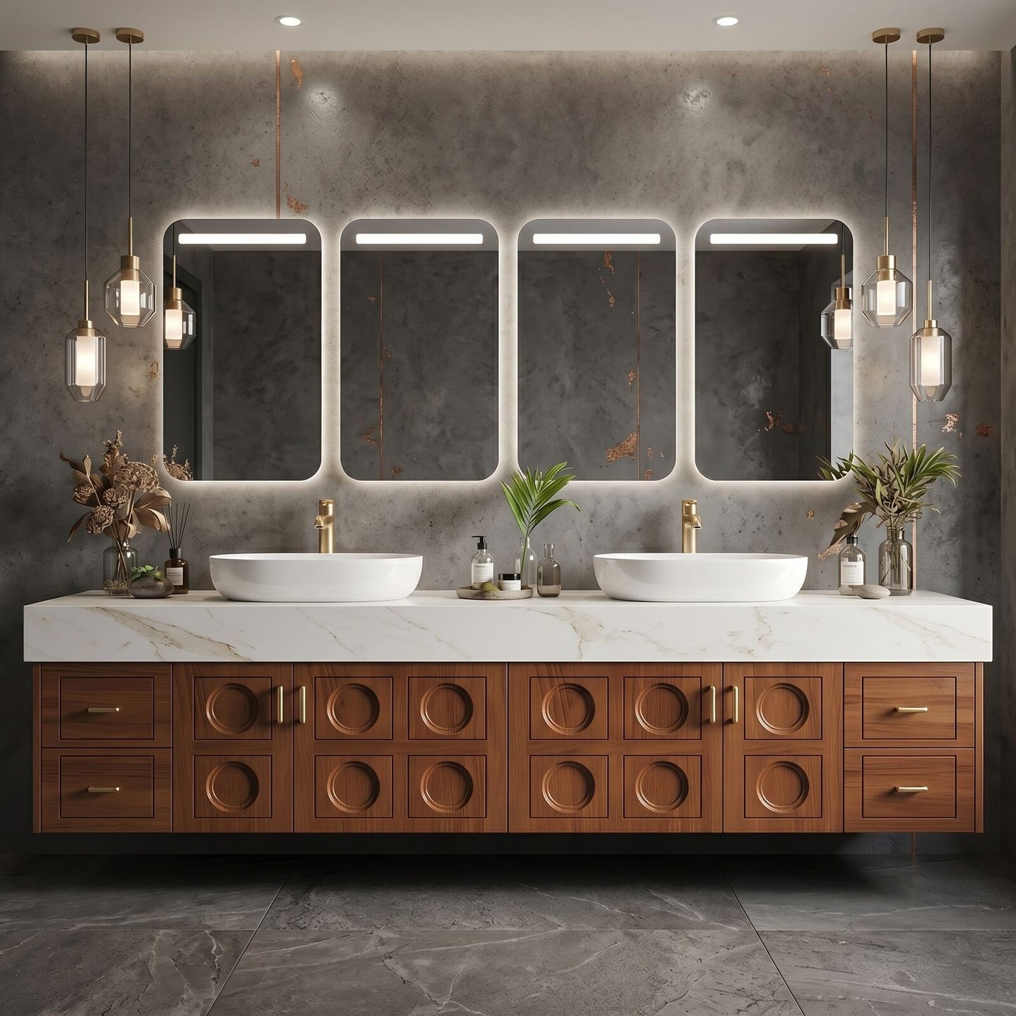 70''-96'' Modern Bathroom Vanity with Sink Carved Circular Panels Rich Wood Grain Cabinet