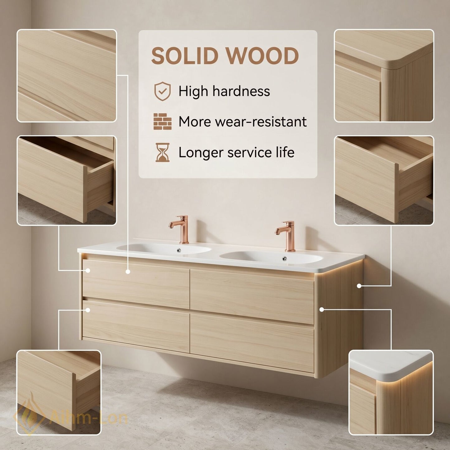 60''-96'' Modern Bathroom Vanity with Sink Floating Matte White Anti-Fog Mirror Drawers