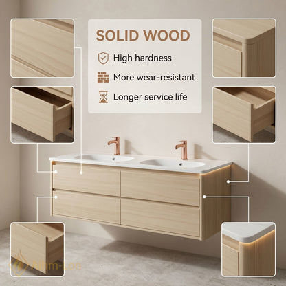 60''-96'' Modern Bathroom Vanity with Sink Floating Matte White Anti-Fog Mirror Drawers