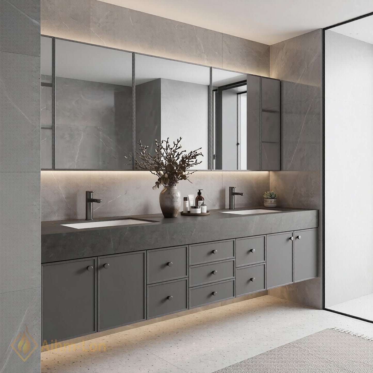 76''-96'' Double Bathroom Vanity with Sink Matte Grey Stone-Textured Countertop Modern Spaces
