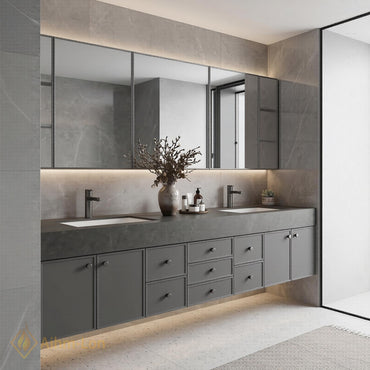 76''-96'' Double Bathroom Vanity with Sink Matte Grey Stone-Textured Countertop Modern Spaces