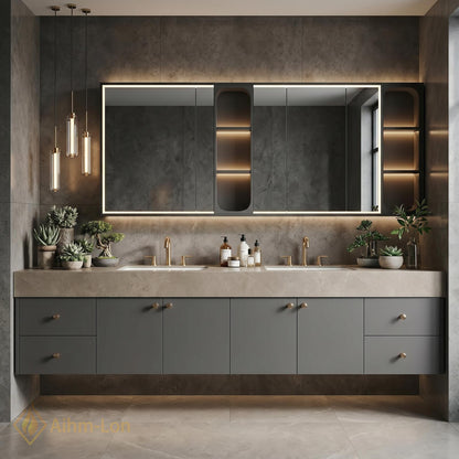 60''-96'' Double Bathroom Vanity with Sink Stone Textured Top Slatted Panel Drawers