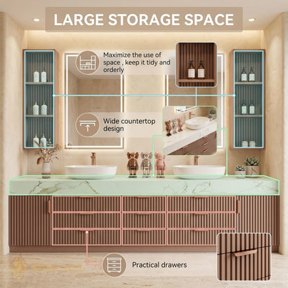 76''-96'' Double Bathroom Vanity with Sink Wood Slatted Front Wide Marble Top