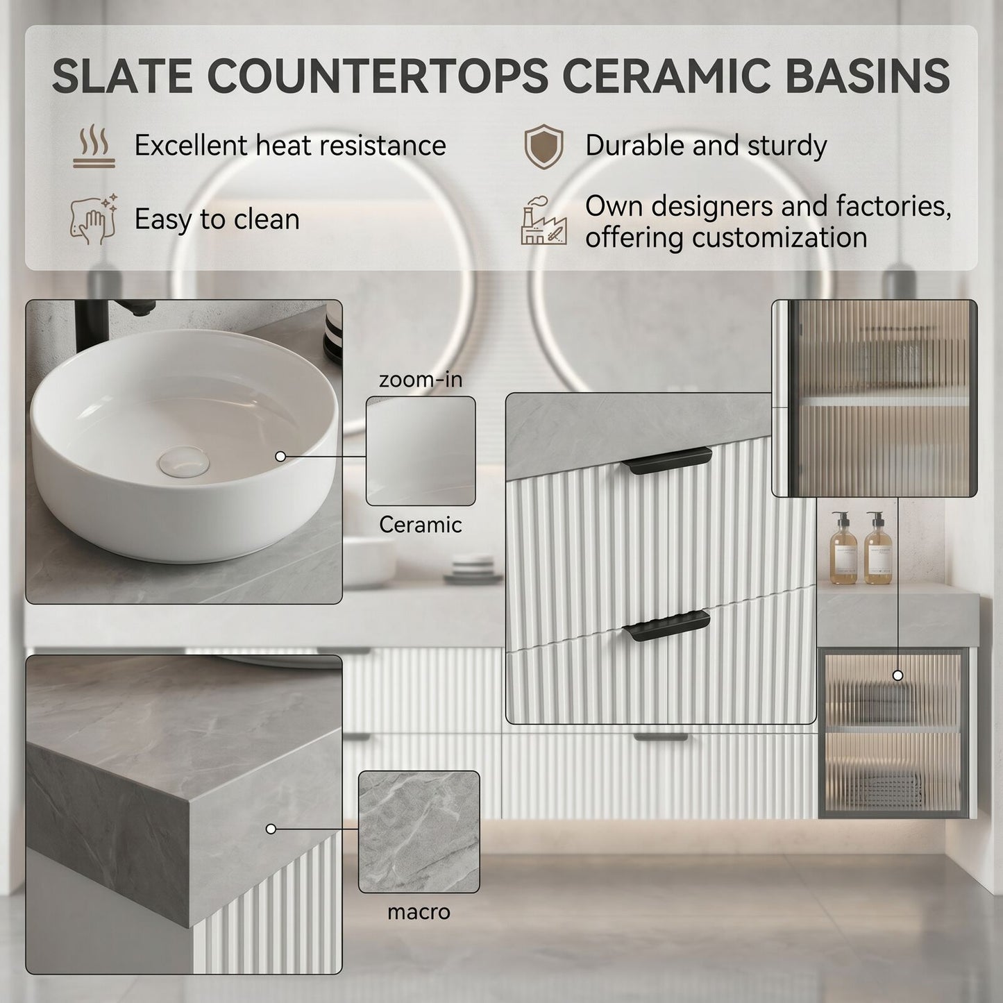 60''-96'' Modern Bathroom Vanity with Sink Double Sink Ribbed Panels Textured Stone Glass Cabinet