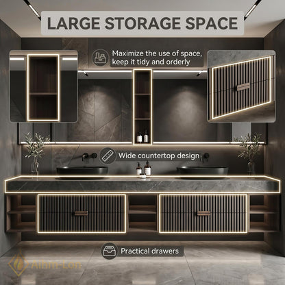 60''-96'' Double Bathroom Vanity with Sink Dark Stone Slatted Front Wide Shelving