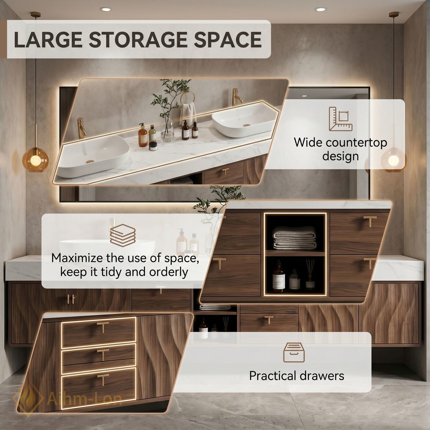 76''-96'' Double Bathroom Vanity with Sink Floating Open-Shelving Wavy Wood Thick Marble