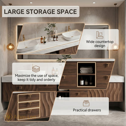 76''-96'' Double Bathroom Vanity with Sink Floating Open-Shelving Wavy Wood Thick Marble