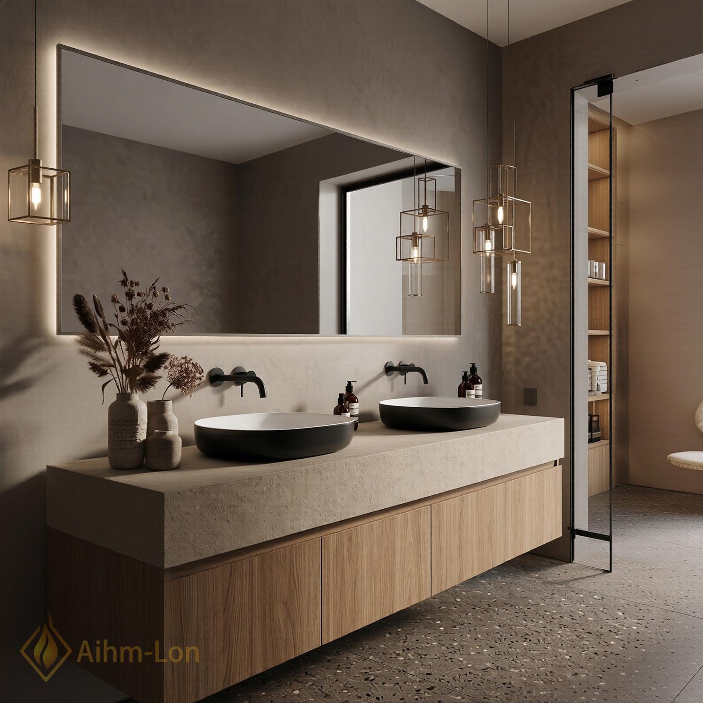 60''-96'' Double Bathroom Vanity with Sink Light-Oak Modern Floating Two Vessel