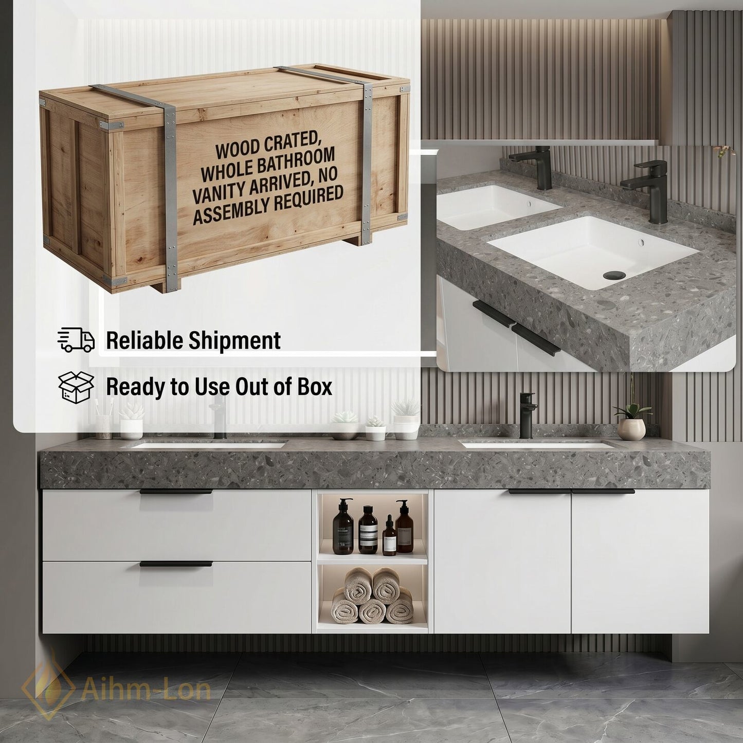 60''-96'' Double Bathroom Vanity with Sink Illuminated Mirror Cabinet Grey Stone Top