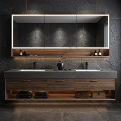 60''-96'' Modern Bathroom Vanity with Sink Double Sink Dark Walnut Open Shelf Storage Cabinet