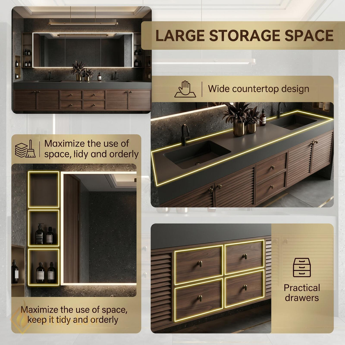 60''-96'' Double Bathroom Vanity with Sink Modern Floating Dark Walnut Slatted Panel