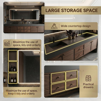 60''-96'' Double Bathroom Vanity with Sink Modern Floating Dark Walnut Slatted Panel