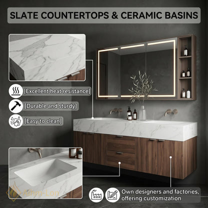 60''-96'' Double Bathroom Vanity with Sink Solid Stone Wood Grain Front Panels