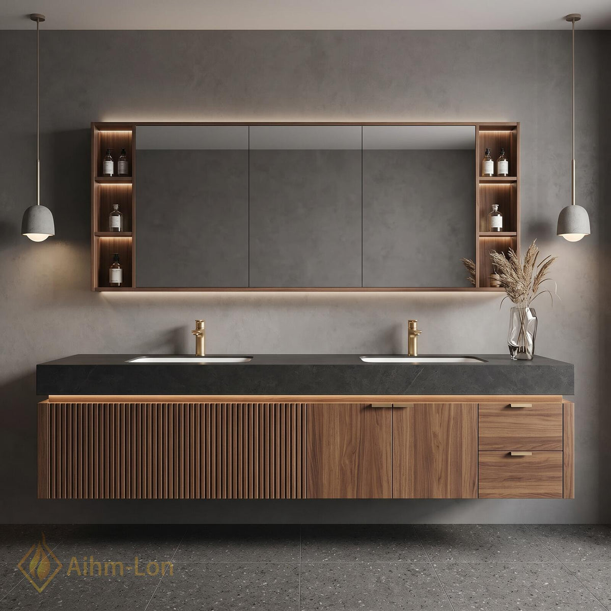 60''-96'' Double Bathroom Vanity with Sink Floating Double Walnut Finish Dark